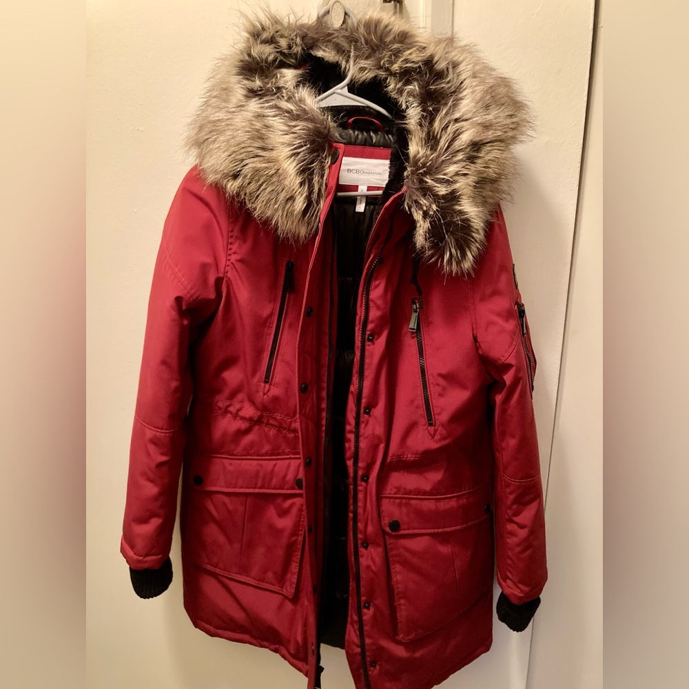 BCBGeneration winter coat. Beautiful red color with faux fur hood detail